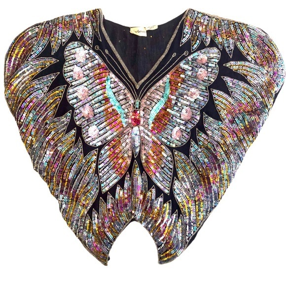 Vintage Tops - VINTAGE Butterfly Sequin Boho Silk Crop Poncho | One Size | Beyoncé Vibes